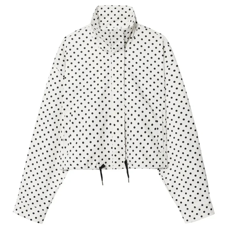 TrenLux Wear women's polka dot bomber jacket, oversized aviator-style outerwear with zip-up front and long sleeves.
