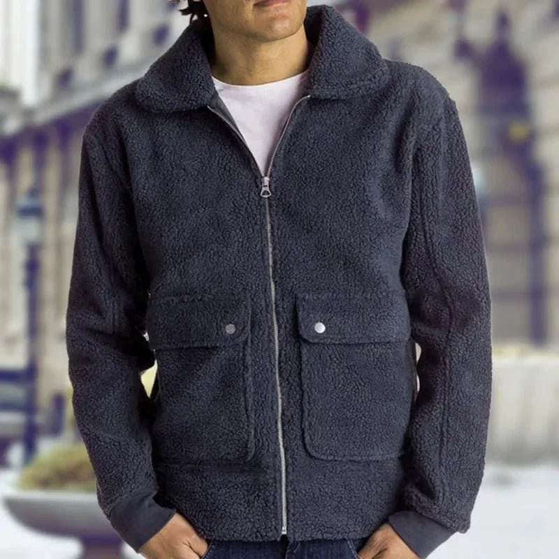 Men's double pocket sherpa zip-up jacket by TrendLux Wear, streetwear outdoor coat with cozy sherpa lining and functional pockets.