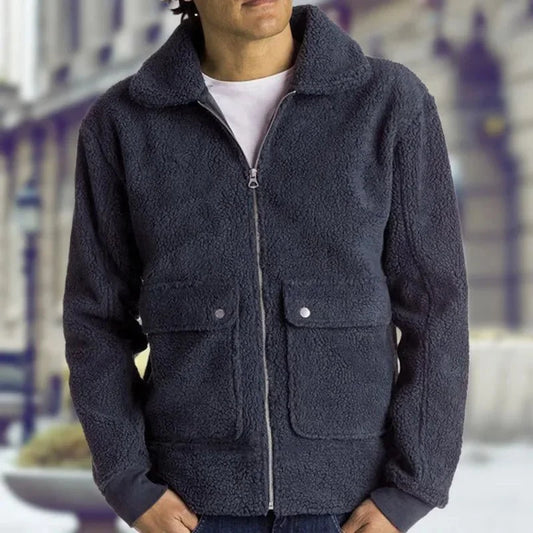 Men's double pocket sherpa zip-up jacket by TrendLux Wear, streetwear outdoor coat with cozy sherpa lining and functional pockets.
