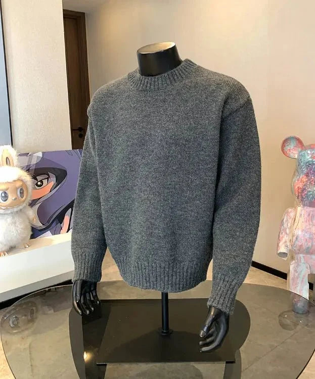 Men's cashmere-blend round neck pullover sweater by TrendLux Wear in five colors, cozy autumn winter knit, close-up of fabric and neckline.