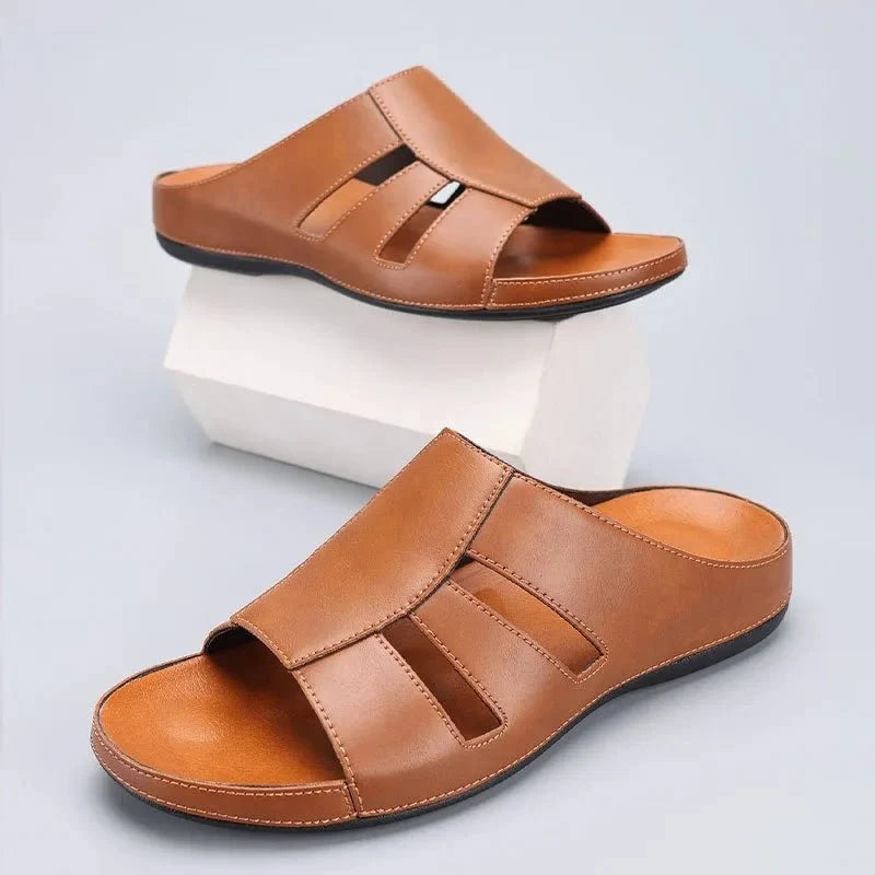 Men's luxury handmade leather peep-toe slippers by TrendLux Wear, casual beach slides in EU sizes 40–46, with comfortable design.