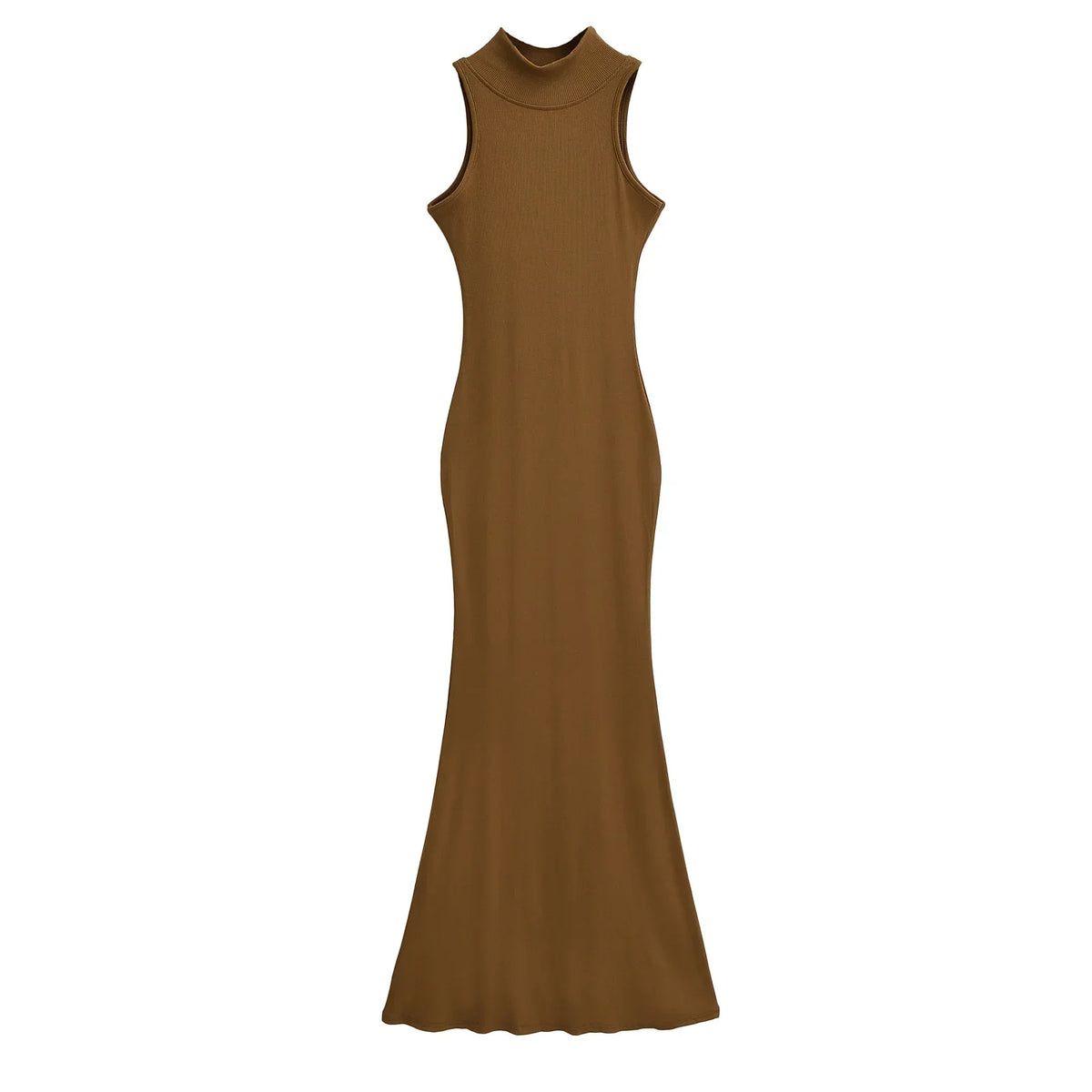 Women's knit turtleneck bodycon ankle-length maxi dress by The Glow Sanctuary, showcasing a fitted, cozy knit design in a full-length silhouette.