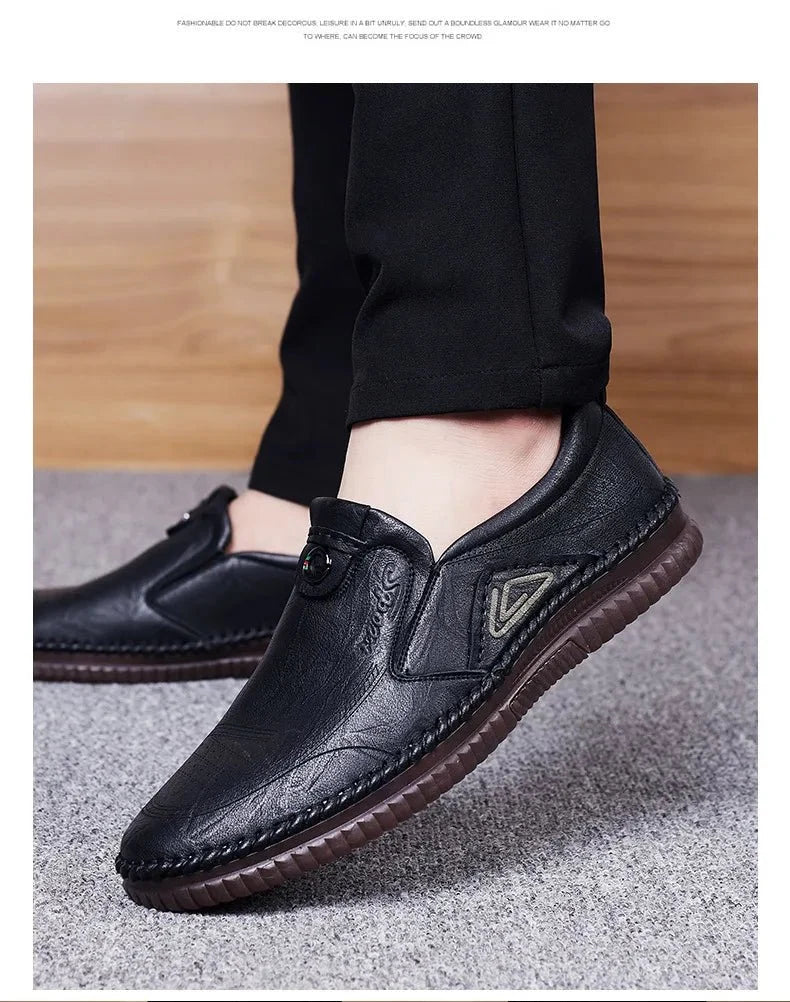 Men's genuine leather slip-on loafers by TrendLux Wear with breathable soft sole and moccasin design for casual comfort.