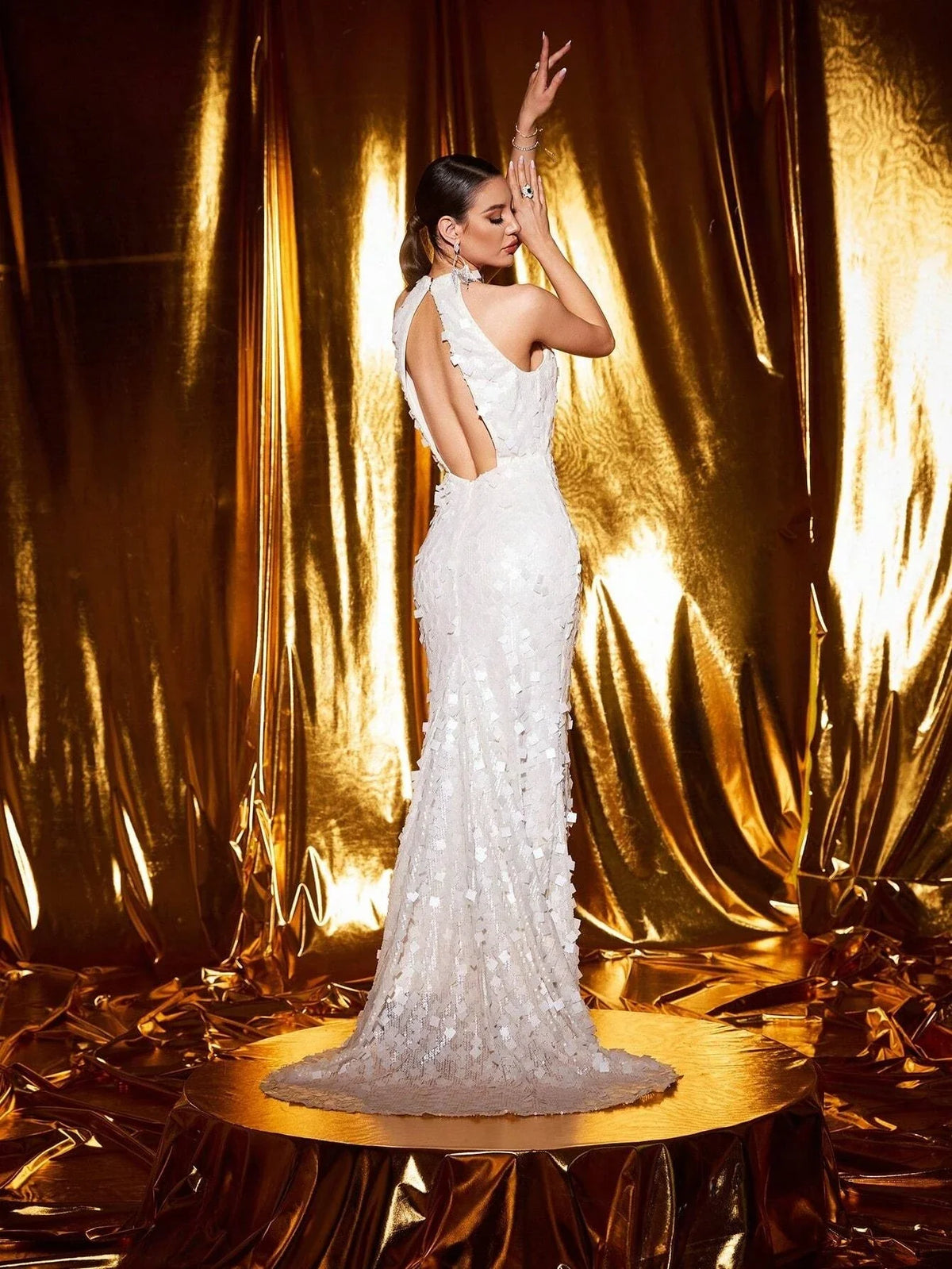 Brown Sequin Halter Backless Maxi Evening Dress - TrendLux Wear