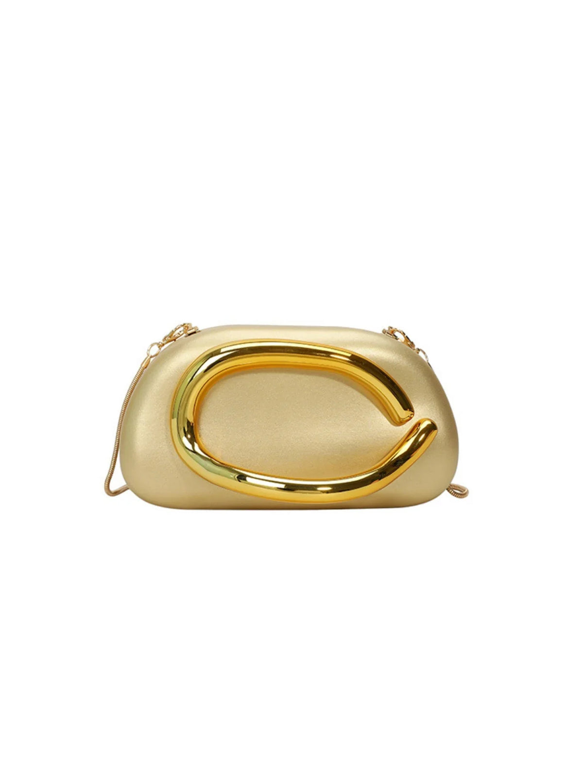 Elegant gold handbag with a shiny shell shape and a prominent gold handle, perfect for various occasions.