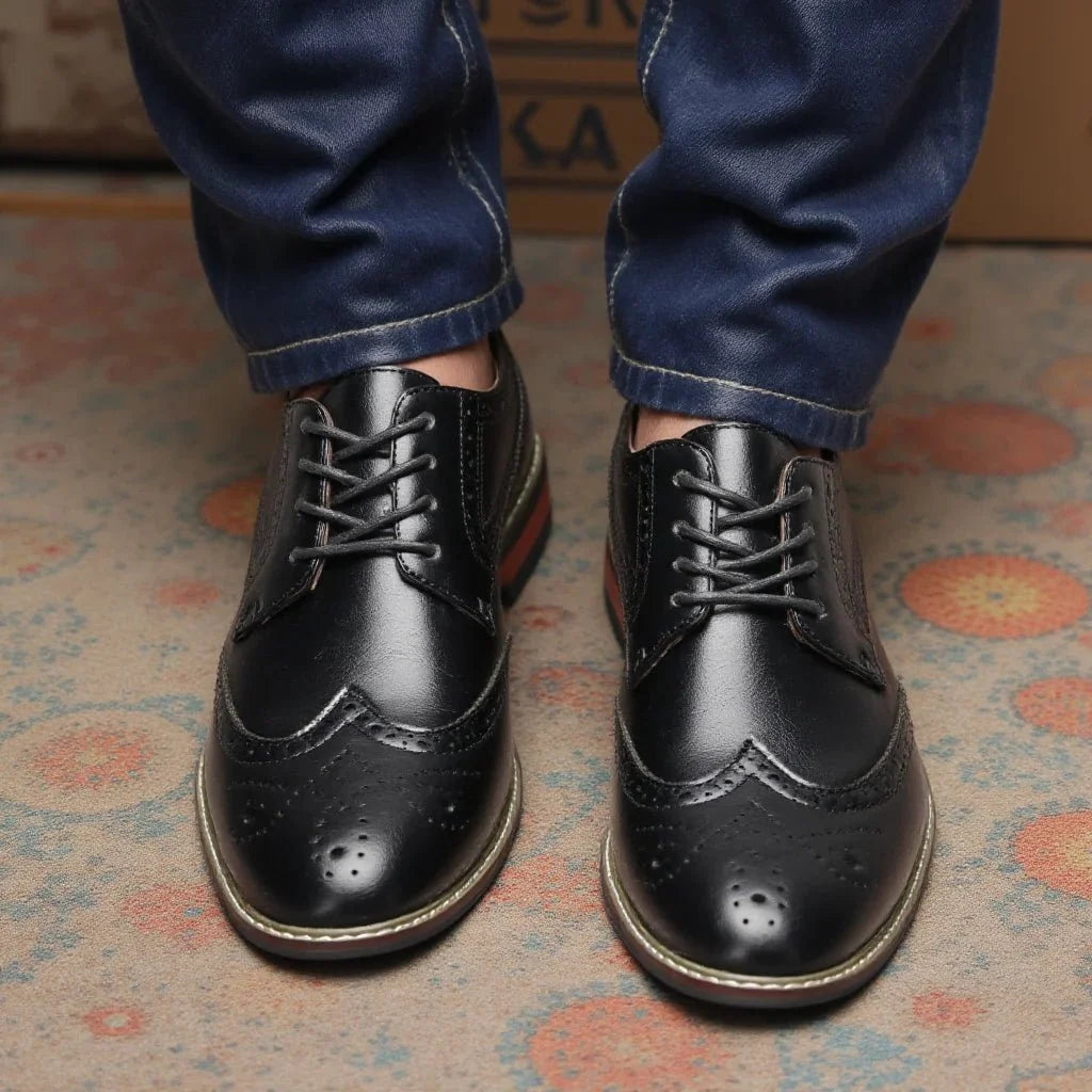 Men's black and brown leather lace-up brogue dress shoes from TrendLux Wear, formal men's oxford shoes for business attire.