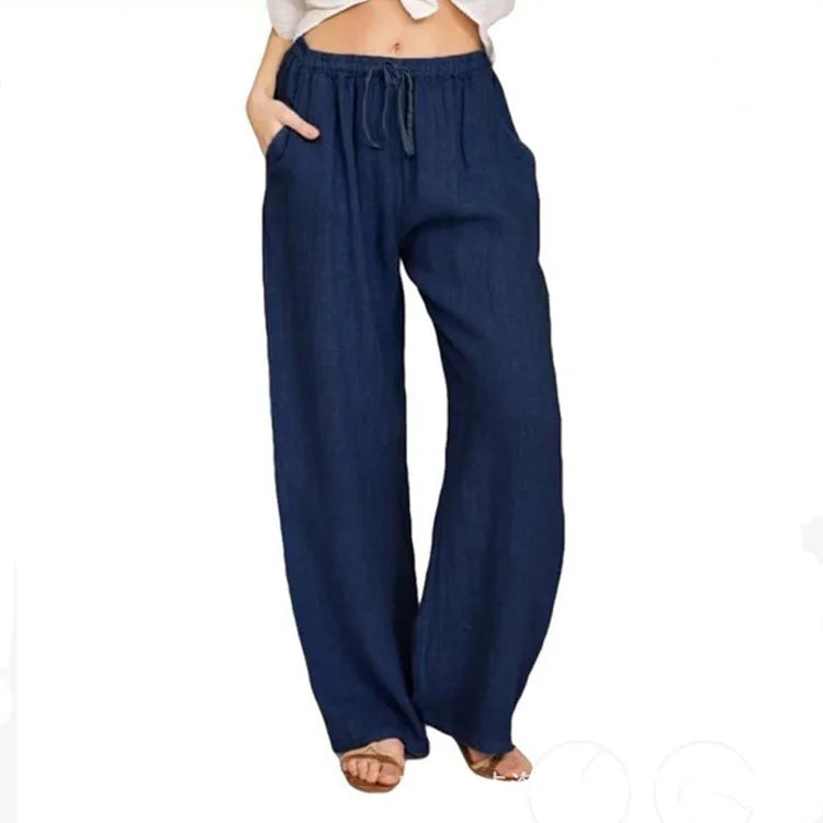 TrendLux Women's Linen Cotton Casual Trousers – Elastic Waist Wide Leg Pants