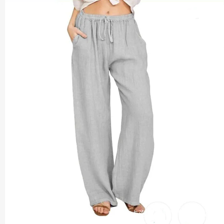 TrendLux Women's Linen Cotton Casual Trousers – Elastic Waist Wide Leg Pants