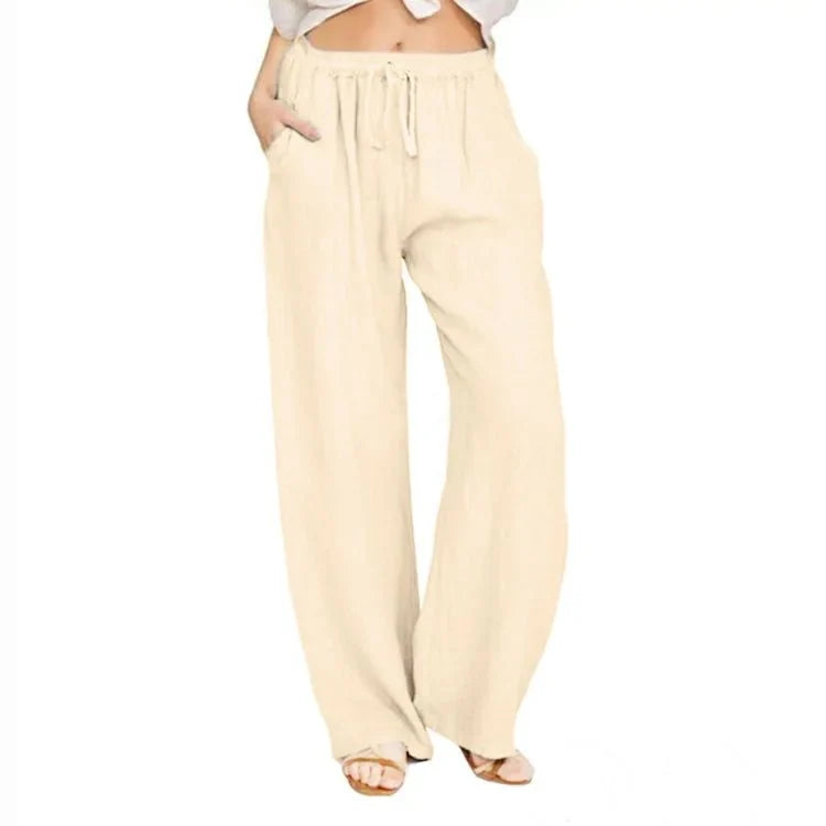 Women's linen and cotton casual trousers with elastic waist and wide-leg fit, TrendLux Wear pants, light and breathable fabric.