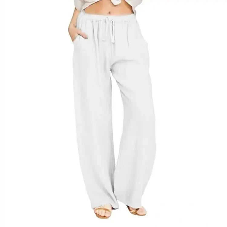 Women's linen cotton casual trousers with elastic waist and wide-leg fit, TrendLux Wear, comfortable and stylish for everyday wear.