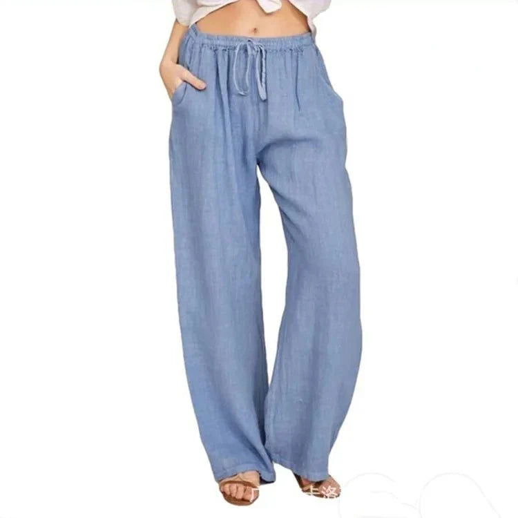 Women's linen cotton casual trousers with wide leg and elastic waist, stylish and comfortable pants by TrendLux Wear.