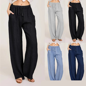 TrendLux Women's Linen Cotton Casual Trousers – Elastic Waist Wide Leg Pants