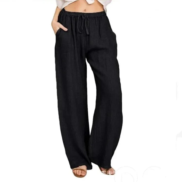 Women’s linen cotton casual trousers with elastic waist and wide-leg fit, stylish and comfortable from TrendLux Wear.