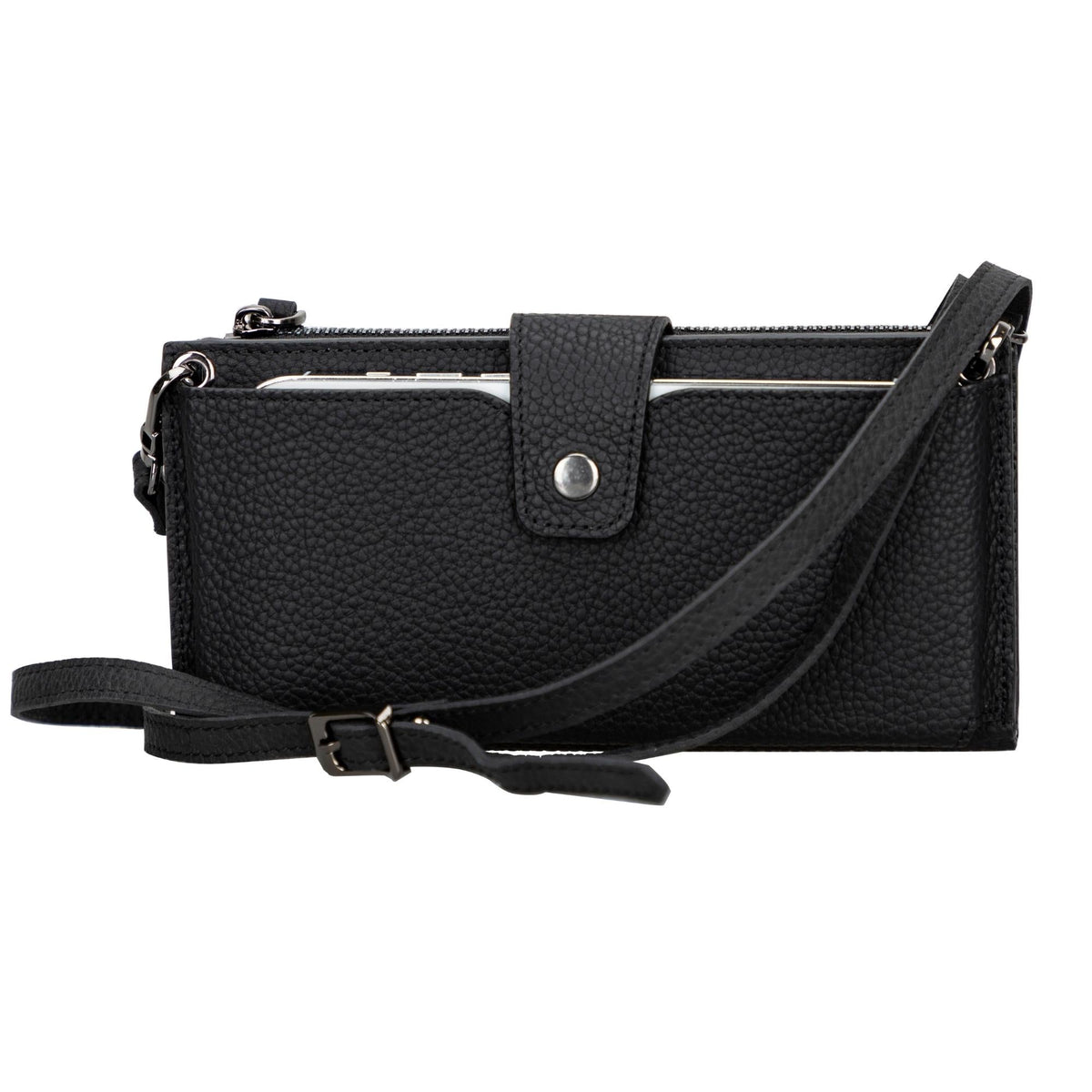DC-TORONATA Kaycee Leather Women's Cell Phone Wallet with Strap showing sleek brown leather design and functional strap attachment.