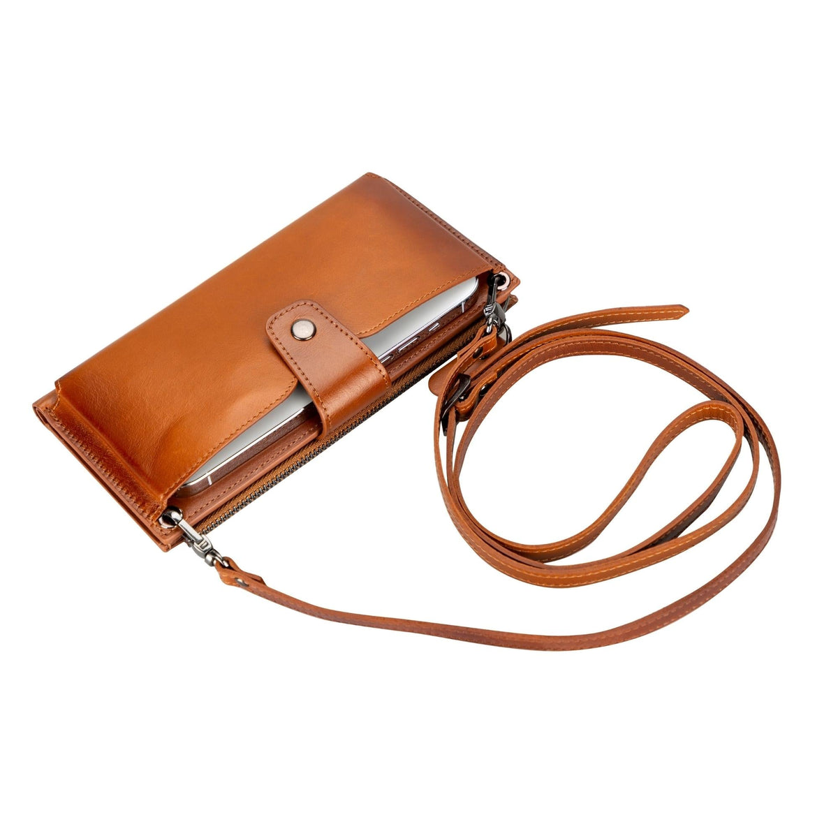 DC-TORONATA Kaycee Leather Women's Cell Phone Wallet with Strap, featuring multiple card slots and a secure strap closure.