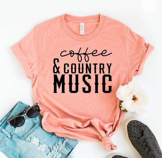DC-Printliss Coffee and Country Music T-shirt featuring a printed design with coffee cups and country music symbols.