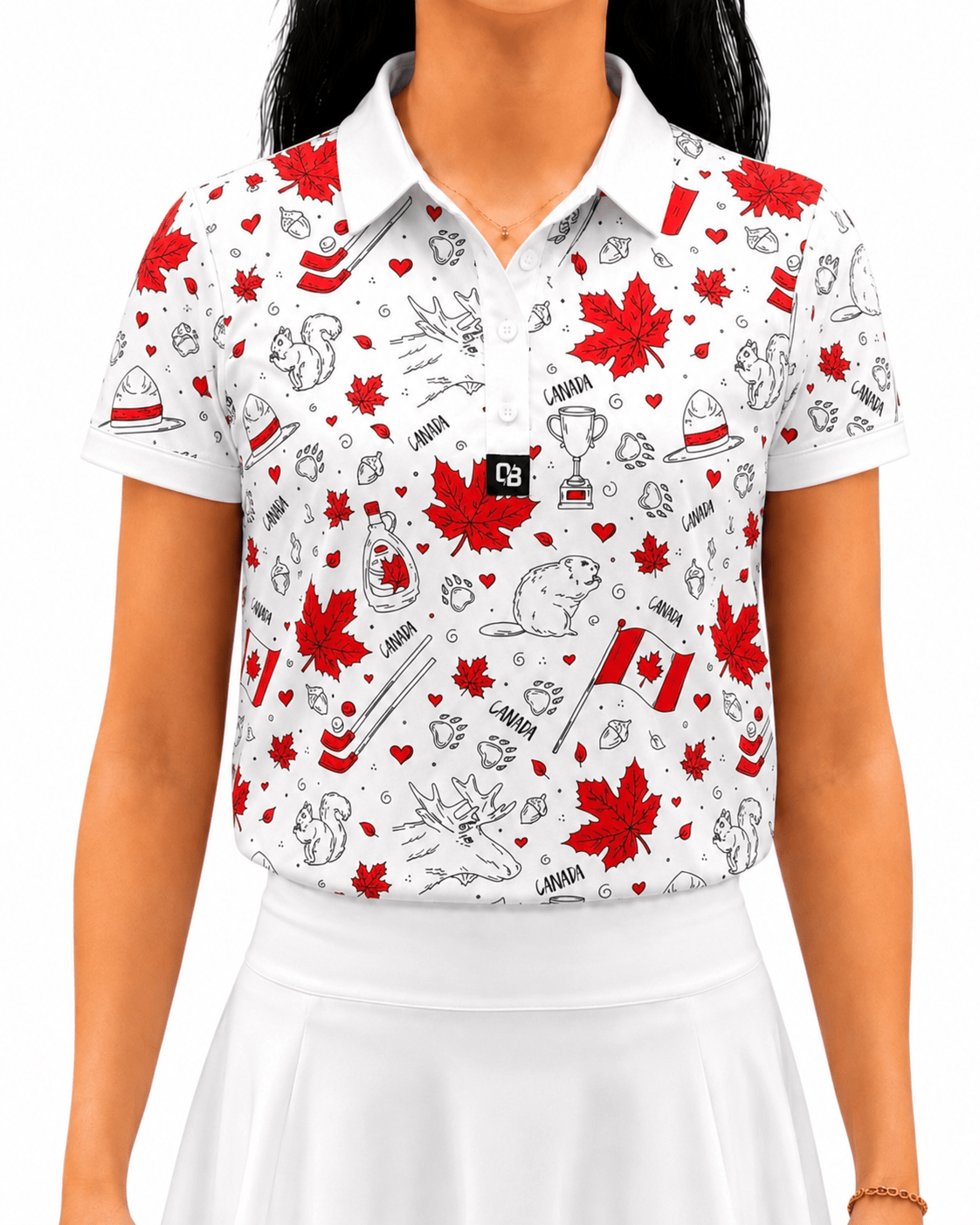 Women's short sleeve golf polo by Shop Out Of Bounds with a Canadian flag-inspired print, perfect for casual golf or outdoor wear.